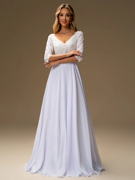 A-line V-neck 3/4 Sleeves Appliques Lace Floor-Length Chiffon Wedding Dress