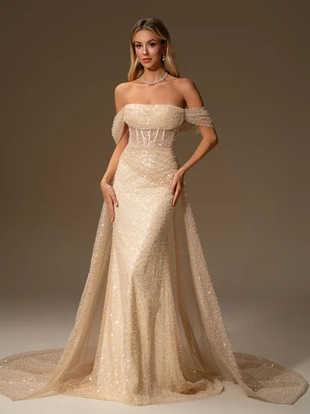 Sheath Off-the-Shoulder Pleated Cathedral Train Corset Convertible Wedding Dress