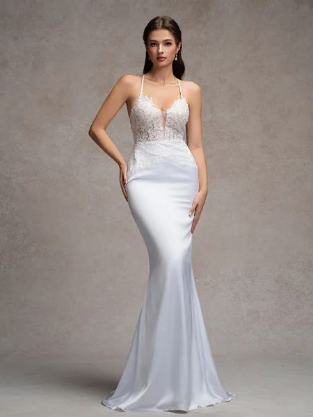Sheath V-neck Appliques Lace Sweep Train Satin Chiffon Wedding Dress