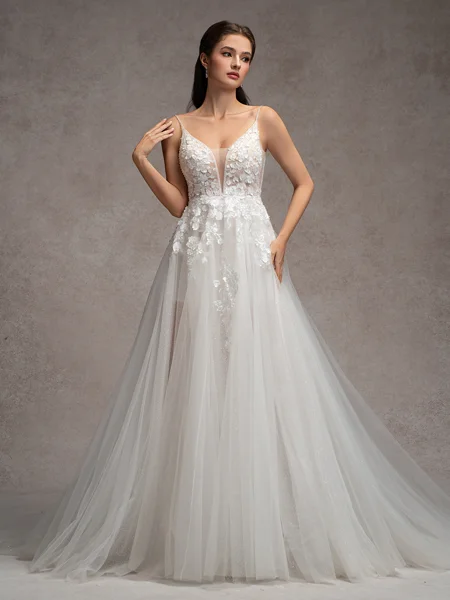 A-line V-neck Appliques Lace Chapel Train Tulle Wedding Dress