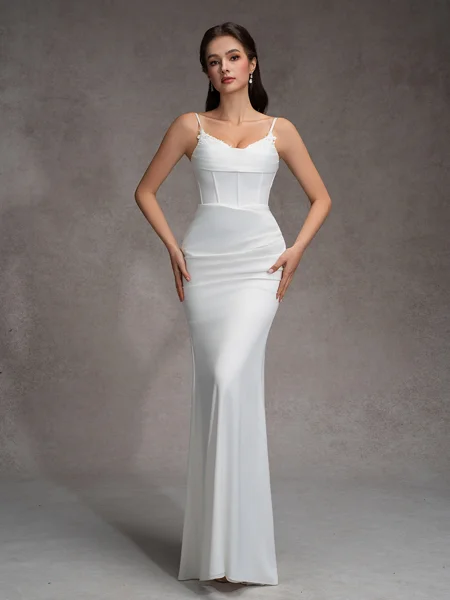 Sheath Spaghetti Straps Pleated Court Train Charmeuse Corset Wedding Dress