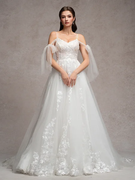 A-line Cold Shoulder Appliques Lace Chapel Train Tulle Wedding Dress