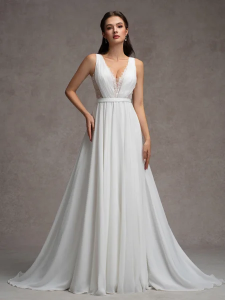 A-line V-neck Appliques Lace Sweep Train Chiffon Wedding Dress