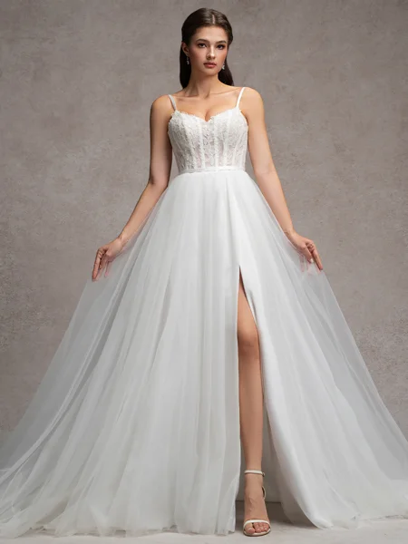 A-line Spaghetti Straps Appliques Lace Chapel Train Tulle Corset Wedding Dress