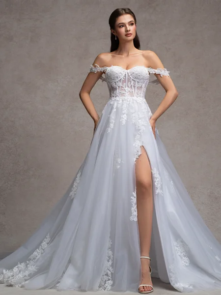 A-line Off-the-Shoulder Appliques Lace Cathedral Train Tulle Corset Wedding Dress