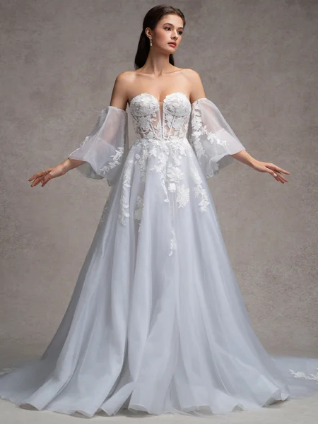 A-line Sweetheart Long Sleeves Appliques Lace Chapel Train Tulle Corset Convertible Wedding Dress