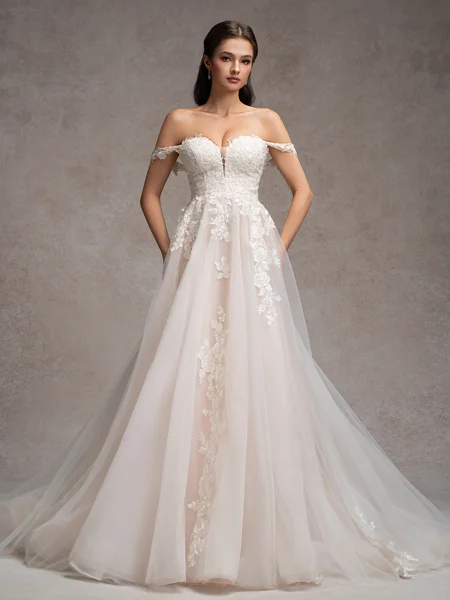 A-line Off-the-Shoulder Appliques Lace Cathedral Train Tulle Wedding Dress