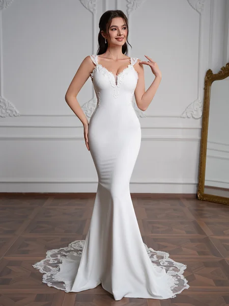 Sheath V-neck Appliques Lace Chapel Train Stretch Crepe Wedding Dress