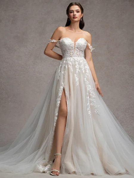 A-line Off-the-Shoulder Appliques Lace Chapel Train Tulle Wedding Dress