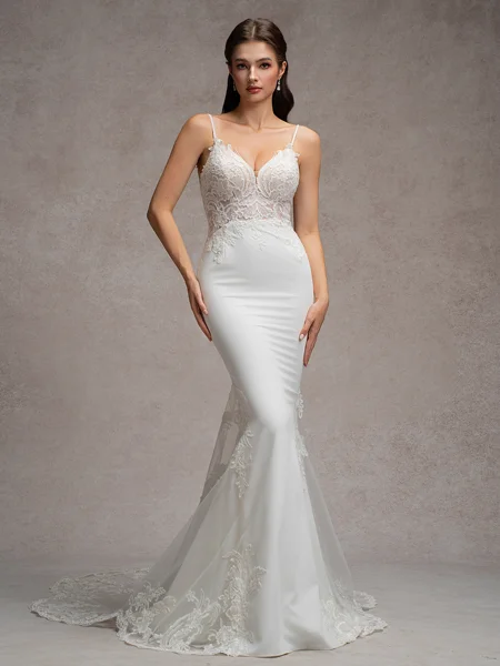 Sheath V-neck Appliques Lace Cathedral Train Stretch Crepe Wedding Dress