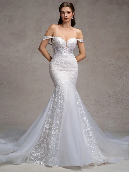 Mermaid Off-the-Shoulder Appliques Lace Cathedral Train Tulle Corset Wedding Dress