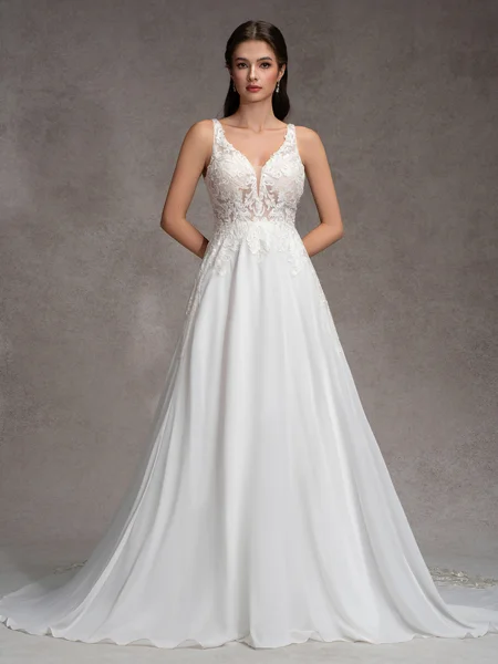 A-Line/Princess Chiffon Lace V-Neck Sleeveless Court Train Wedding Dresses