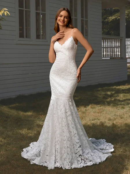 Sheath V-neck Appliques Lace Court Train Lace Wedding Dress