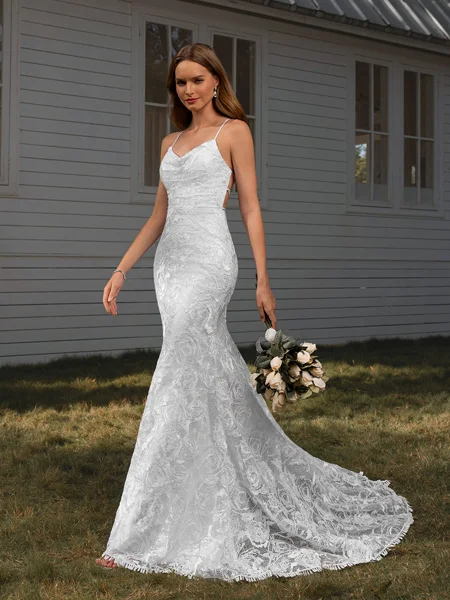 Sheath V-neck Appliques Lace Court Train Lace Wedding Dress
