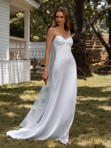 Sheath Spaghetti Straps Pleated Sweep Train Charmeuse Wedding Dress