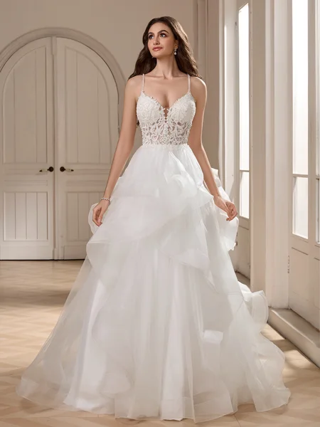 Ball-Gown V-neck Appliques Lace Sweep Train Tulle Wedding Dress