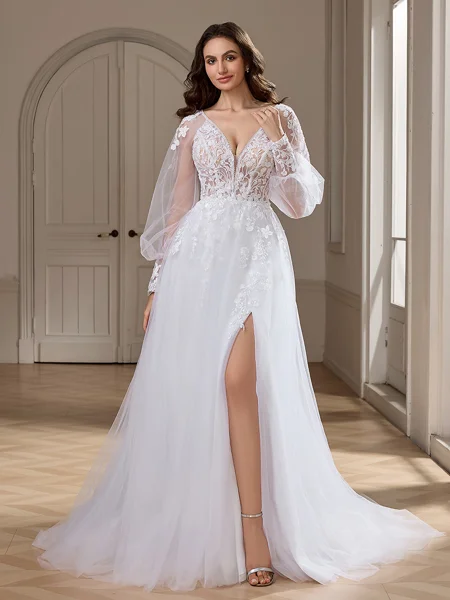 A-line V-neck Long Sleeves Appliques Lace Court Train Tulle Wedding Dress