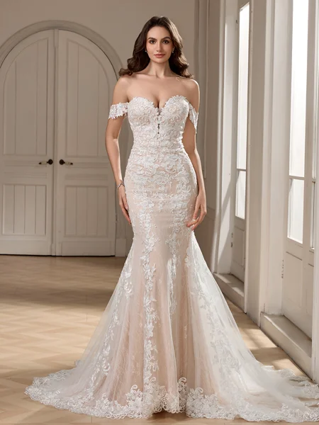 Sheath Off-the-Shoulder Appliques Lace Chapel Train Lace Wedding Dress