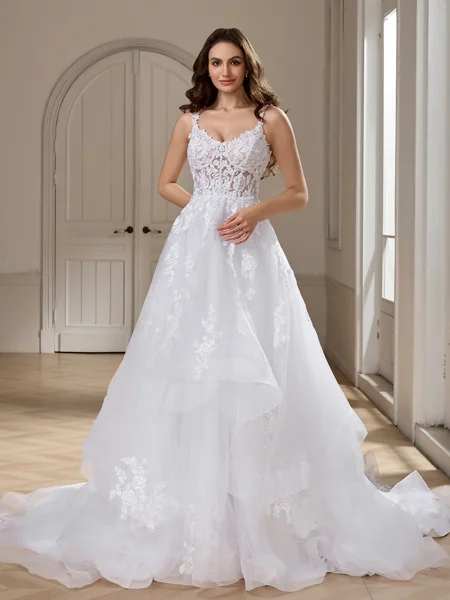 Ball-Gown V-neck Appliques Lace Cathedral Train Tulle Wedding Dress