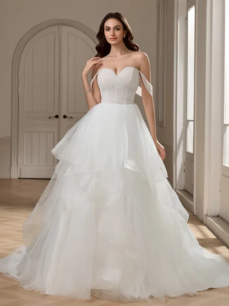 Ball-Gown Off-the-Shoulder Cascading Ruffles Court Train Tulle Corset Wedding Dress