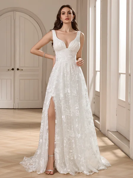 A-line V-neck Appliques Lace Court Train Lace Wedding Dress