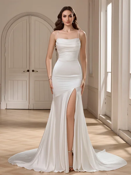 Sheath Spaghetti Straps Pleated Chapel Train Silk Like Satin Wedding Dress