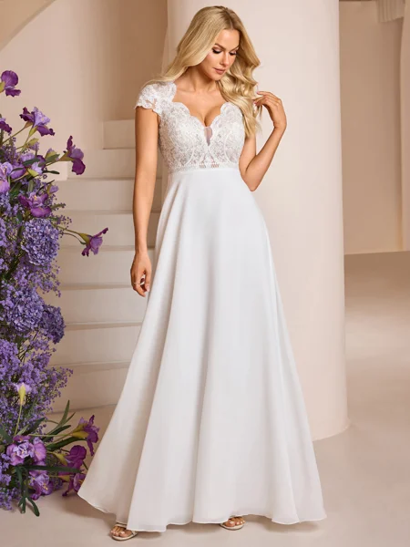 A-line V-neck Short Sleeves Appliques Lace Floor-Length Chiffon Wedding Dress