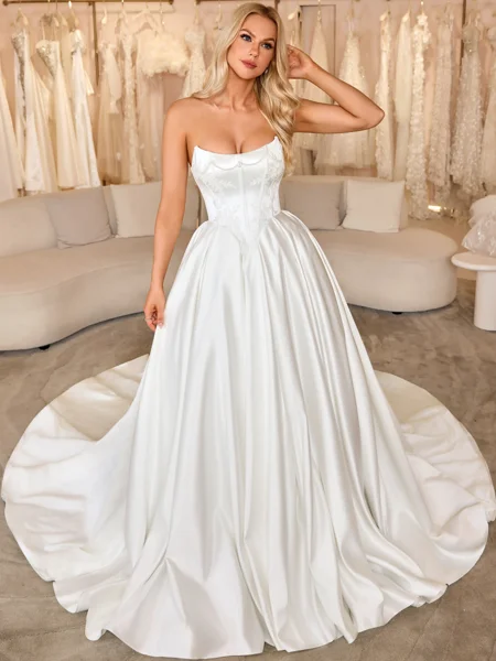 Ball-Gown Straight Appliques Lace Chapel Train Satin Corset Wedding Dress