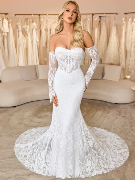 Sheath Sweetheart Long Sleeves Court Train Lace Corset Wedding Dress