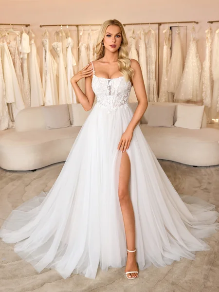 A-line Spaghetti Straps Appliques Lace Chapel Train Tulle Corset Wedding Dress