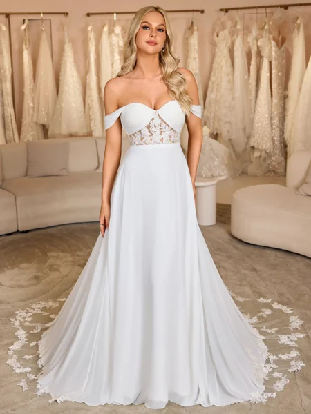 A-line Off-the-Shoulder Appliques Lace Chapel Train Chiffon Corset Wedding Dress