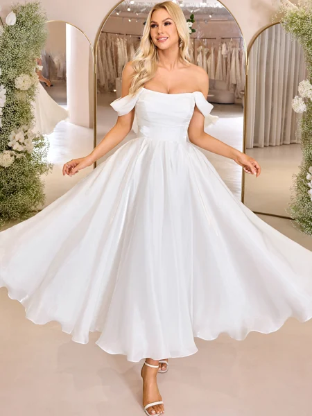 A-line Off-the-Shoulder Pleated Ankle-Length Corset Wedding Dress