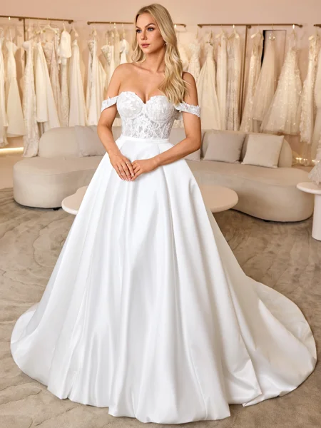 A-line Off-the-Shoulder Appliques Lace Chapel Train Satin Corset Convertible Wedding Dress