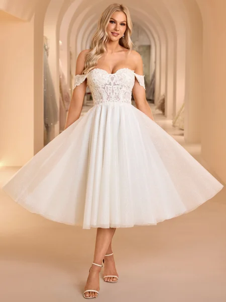 A-line Off-the-Shoulder Appliques Lace Tea-Length Corset Wedding Dress