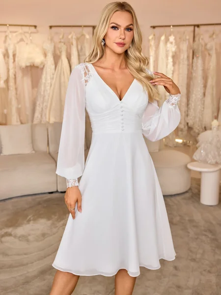 A-line V-neck Long Sleeves Appliques Lace Knee-Length Chiffon Wedding Dress