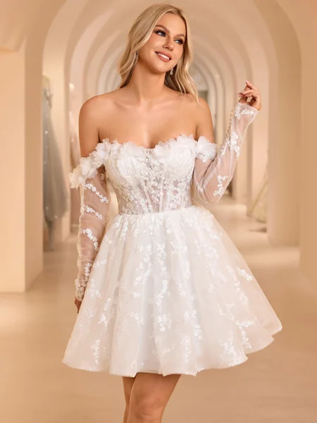 Ball-Gown Off-the-Shoulder Long Sleeves Appliques Lace Short/Mini Lace Corset Wedding Dress