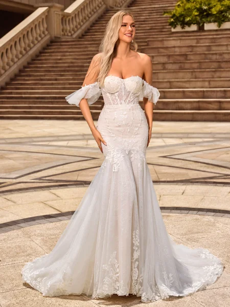 Trumpet/Mermaid Lace Off-the-Shoulder Sleeveless Court Train Wedding Dresses