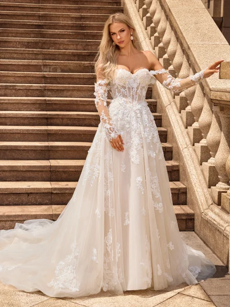 A-line/Princess Tulle Off-the-Shoulder Long Sleeves Chapel Train Wedding Dresses