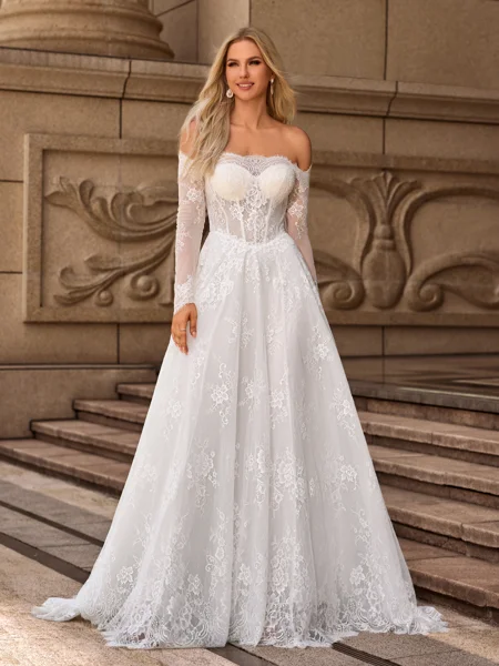 A-line/Princess Lace Off-the-Shoulder Long Sleeves Sweep Train Wedding Dresses