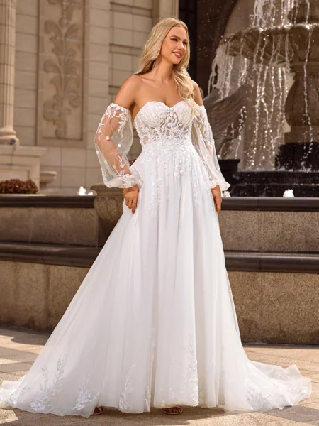 A-line/Princess Tulle Sweetheart Long Sleeves Court Train Wedding Dresses