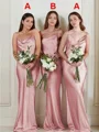 Sheath/Column Straps Sweep Train Silk Like Satin Bridesmaid Dresses With Ruffles