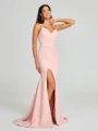 Sheath/Column V-neck Sweep Train Sleeveless Stretch Crepe Bridesmaid Dress