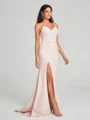 Sheath/Column V-neck Sweep Train Sleeveless Stretch Crepe Bridesmaid Dress