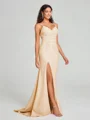 Sheath/Column V-neck Sweep Train Sleeveless Stretch Crepe Bridesmaid Dress