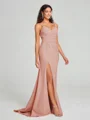 Sheath/Column V-neck Sweep Train Sleeveless Stretch Crepe Bridesmaid Dress