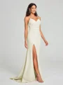 Sheath/Column V-neck Sweep Train Sleeveless Stretch Crepe Bridesmaid Dress