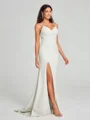 Sheath/Column V-neck Sweep Train Sleeveless Stretch Crepe Bridesmaid Dress