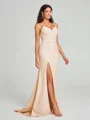 Sheath/Column V-neck Sweep Train Sleeveless Stretch Crepe Bridesmaid Dress
