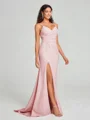 Sheath/Column V-neck Sweep Train Sleeveless Stretch Crepe Bridesmaid Dress