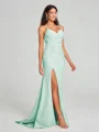 Sheath/Column V-neck Sweep Train Sleeveless Stretch Crepe Bridesmaid Dress